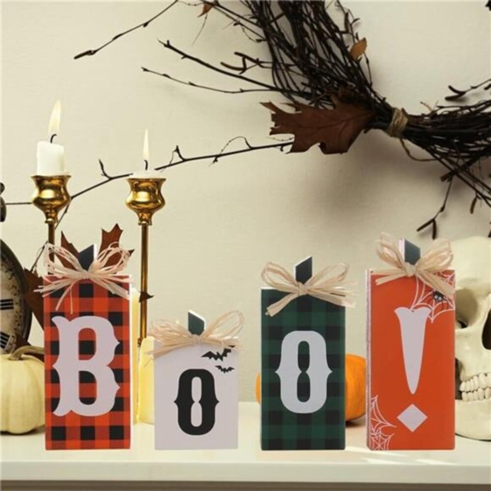 4PCS Wooden Boo Sign Block -Halloween Tabletop Decorations for Farmhouse & Party